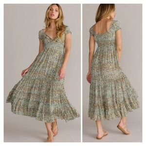 Cienna Womens Turquoise Floral Smocked Waist Tiered V Neck Maxi Dress Size S NWT